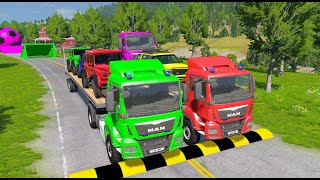 Double Flatbed Trailer Truck vs Speedbumps Train vs Cars  Tractor vs Train BeamngDrive 001 [upl. by Massey]