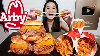 FRIED CHEESE MUKBANG Arbys Half Pound Roast Beef Super Cheesy Mozzarella Sticks Curly Fries Asmr [upl. by Hutchings228]