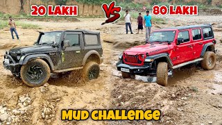 Jeep Wrangler vs Modified Thar  Mud challenge  Modified Thar almost Toppled into the Mudpit [upl. by Lolande]