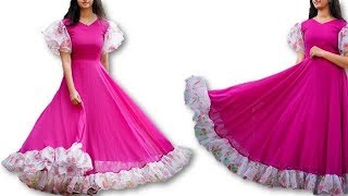 DIY traditional Indian Designer full flared long gown Cutting Stitching Full Tutorial [upl. by Katz]