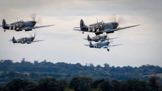 Spitfires and Hurricanes flypast with Hispano Buchon  Duxford Airshow 2024 [upl. by Anerys]