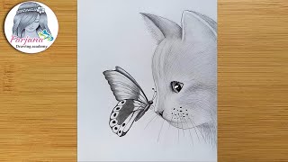 How to draw a cat with butterfly  pencil sketch for beginners  step by step drawing [upl. by Hafeetal345]