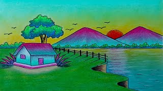 Riverside village scenery drawing easy steps  comely mountain sunset drawing easy for beginners [upl. by Siul]