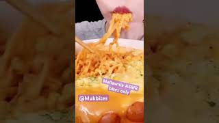 Mellawnie ASMR cheesy carbo noodles fried sausages mukbang bites only shorts viral fyp new food [upl. by Sylera]