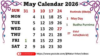 May Calendar 2026 maycalender2026 [upl. by Airelav]