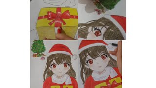 how to draw anime girl wearing santa hatstep by step🎄 [upl. by Constancia]