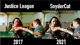 Snydercut vs Justice League  Wonder Woman Bank Fight Scene Side by Side Comparison [upl. by Yelhsa]