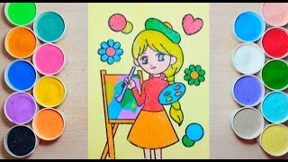 Sand Painting Coloring Girl Painter for Kids  Coloring with Colored Sand [upl. by Lebam]