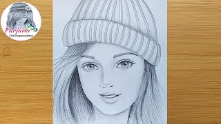 How to draw a girl wearing winter cap for beginners  Pencil sketch  bir kız nasıl çizilir [upl. by Dido725]