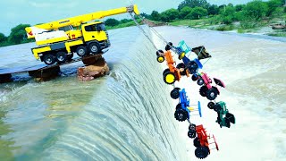 Accident River Mahindra HMT Sonalika Eicher Swaraj Ford Tractor Pulling Out Crane  Cartoon CS Toy [upl. by Jet442]