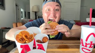 Trying ARBYS NEW Deep Fried Turkey Gobbler Meal and Mac N Cheese Bites [upl. by Drandell236]