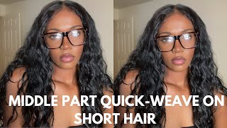 How To Middle Part Quickweave on short hair Breezy wave organique hair hairtutorial [upl. by Rubliw]