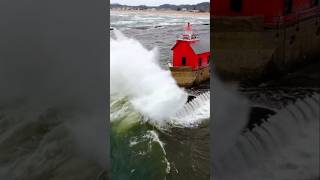 BIGGEST Waves Every filmed By Drone Grand Haven Michigan storm drone flood [upl. by Alyac108]