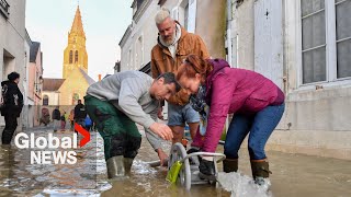 Hurricane Kirk Floods submerge buildings streets outside Paris [upl. by Wilburt]