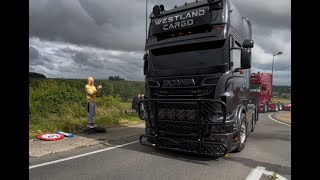 Scania V8 leaving Ciney Truck Show 2024 [upl. by Nodnyl12]