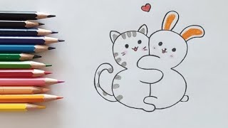 How to draw rabbit and cat friendshipeasy drawing for kidsbeautiful and simple drawing [upl. by Mcclenon]