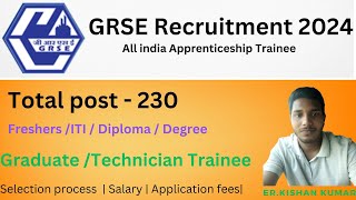 GRSE apprenticeship recruitment 2024  fresher ITIDiplomaDegree eligible  job vacancy jobnews [upl. by Cristabel947]