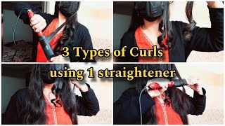 How to curl hair using straightener 3 different curl using one straightenercurling with flat iron [upl. by Yxel]