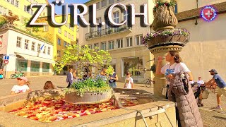 ZURICH SWITZERLAND ✨ Stroll around BAHNHOFSTRASSE amp Limmat River 4K  Flowers in fountain [upl. by Beltran]