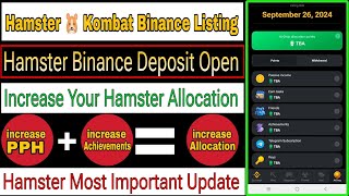 Hamster Kombat Binance Listing  Increase Hamster Allocation  Hamster Binance Deposit Open [upl. by Bonina]