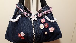 BORSA JEANS CON FIORI E PERLINEBAG JEANS  BOLSO JEANS [upl. by Tamqrah385]