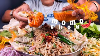 EATING VEG MOMO amp CHILLI CHOWMEIN WITH SPICY CHUTNEY  EATING SPICY STREET FOOD  MOMO amp CHOW ASMR [upl. by Audre352]