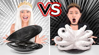 BLACK VS WHITE COLOR CHALLENGE Fun Eating Everything In 1 Color For 24 Hours By 123 GO CHALLENGE [upl. by Myranda]