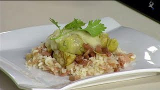 Buenas migas Alcachofas salteadas con jamón acompañadas de arroz y queso cremoso 170613 [upl. by Tarr]