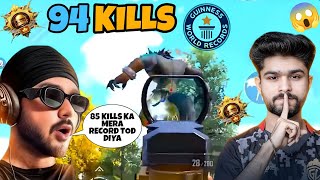 WORLD RECORD 94 KILLS HIGHEST EVER in 1 Match LOLZZZ PUBGMBGMI [upl. by Oibirot]