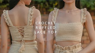 Crochet Ruffled Lace Top Tutorial  Chenda DIY [upl. by Liatrice]