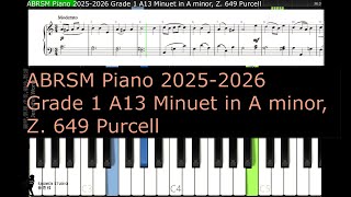 ABRSM Piano 2025 2026 Grade 1 A13 Minuet in A minor Z 649 Purcell [upl. by Enilekcaj]