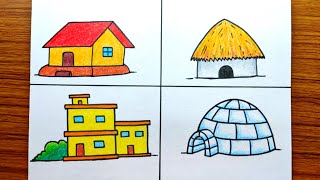 4 Different types of Houses Drawing Colour Easy  How to Draw Different Types of Houses Step by Step [upl. by Bar718]