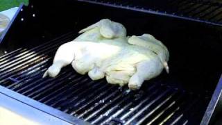 How to roast a split chicken on propane gas grill 烘烤甜洋蔥香醋琵琶雞 [upl. by Osnohpla]