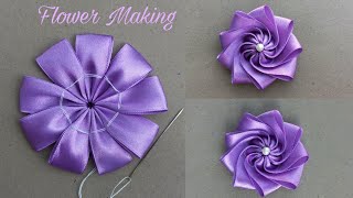 Super Easy Ribbon Flower Making  Hand Embroidery Tricks With Ribbons  Ribbon Work  Ribbon Flowers [upl. by Bussy564]