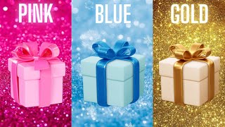 Choose your gift 🤩💝🤮  3 gift box challenge  Pink Blue Gold pickonekickone giftboxchallenge [upl. by Ardnassak]