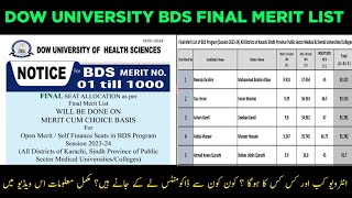 DUHS BDS FINAL MERIT LIST Sindh Province SESSION 202324 [upl. by Daisey]