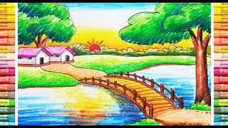 How to Draw a Village Sunrise Scenery  Beautiful Nature Drawing Painting  Step by Step [upl. by Yreffoeg609]