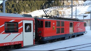 Swiss Trains Riding the Matterhorn Gotthard Bahn Andermatt to Oberalppass in Winter [upl. by Veneaux]