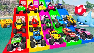 30 Monster Jam Insane Racing vs Long Slide Game with SHARK  BeamNGDrive [upl. by Aidne948]