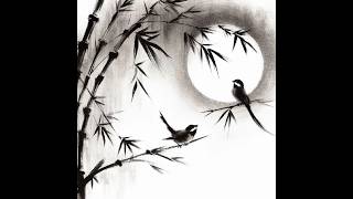 Sumie 💚 Birds bamboo and the moon 🌕 art sumie ink birds bamboo moon [upl. by Elodie843]