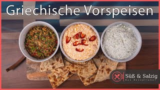 Drei typisch griechische Vorspeisen  Tzatziki Feta Creme und Auberginen Dip [upl. by Adnorrahs]