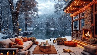 Lakeside Porch Ambience ☕ Winter Morning with Smooth Jazz Music amp Fireplace Sounds to Relax Study [upl. by Ettegdirb362]