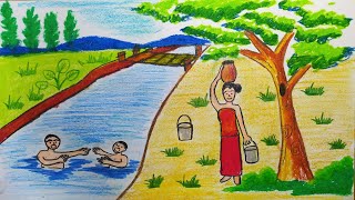 How To Draw Scenery Childern Bathe in the river  Traditional culture  Step by step [upl. by Kirima986]