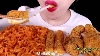 Mellawnie ASMR  CHEESY FIRE NOODLES CHEESE STICKS CHICKENS ONLY BITES [upl. by Corri999]