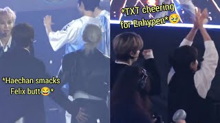 Stray Kids Felix interaction with NCT Haechan  TXT reaction to Enhypen Performance [upl. by Aidnahs]