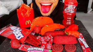 ASMR RED FOOD ONLY EATING SHOW TWINKIES OREOS TACOS GUMMY EDIBLE SODA BOTTLE MUKBANG JERRY 24 HOURS [upl. by Onailime]