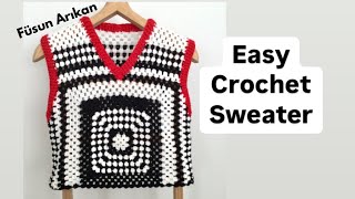 grannysquare örgükazak KOLAY TIĞ İŞİ SÜVETER  ARTAN İPLERİ DEĞERLENDİRELİM  EASY CROCHET [upl. by Ricardo]