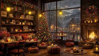 Snow Night on Window at Coffee Shop Ambience  Relaxing Smooth Jazz Music and Snow Falling [upl. by Asoj]