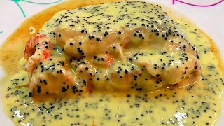 Receta de Merluza Rellena de Gambones al Horno con Salsa Holandesa y Caviar 🍤  Fácil y Elegante [upl. by Nosraep292]