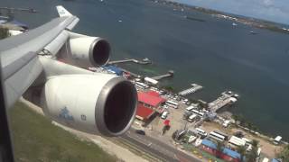 KLM Boeing 747400 quotRocketquot Takeoff St Maarten Princess Juliana Airport [upl. by Allimak119]